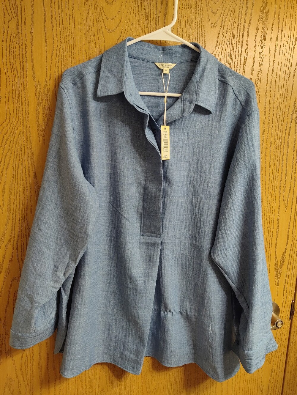 Max Studio Light Blue Cotton Blend Button-Front Blouse